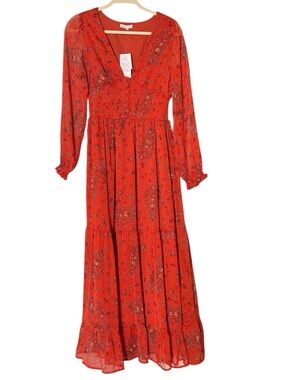 Patrons of Peace rust/baked clay floral print tiered maxi dress/ Small/ NWT